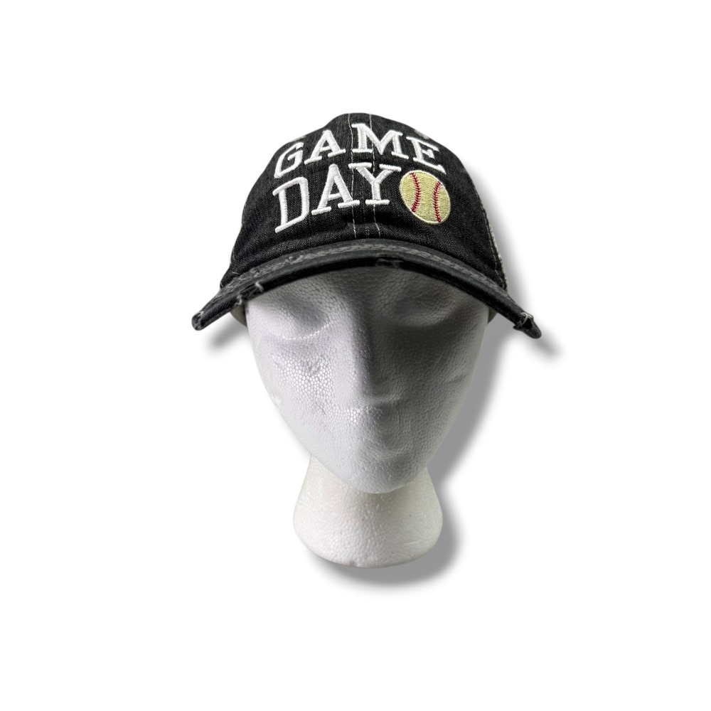 Game Day Baseball Trucker Hat Black Denim Distressed Mesh Snapback Cap
